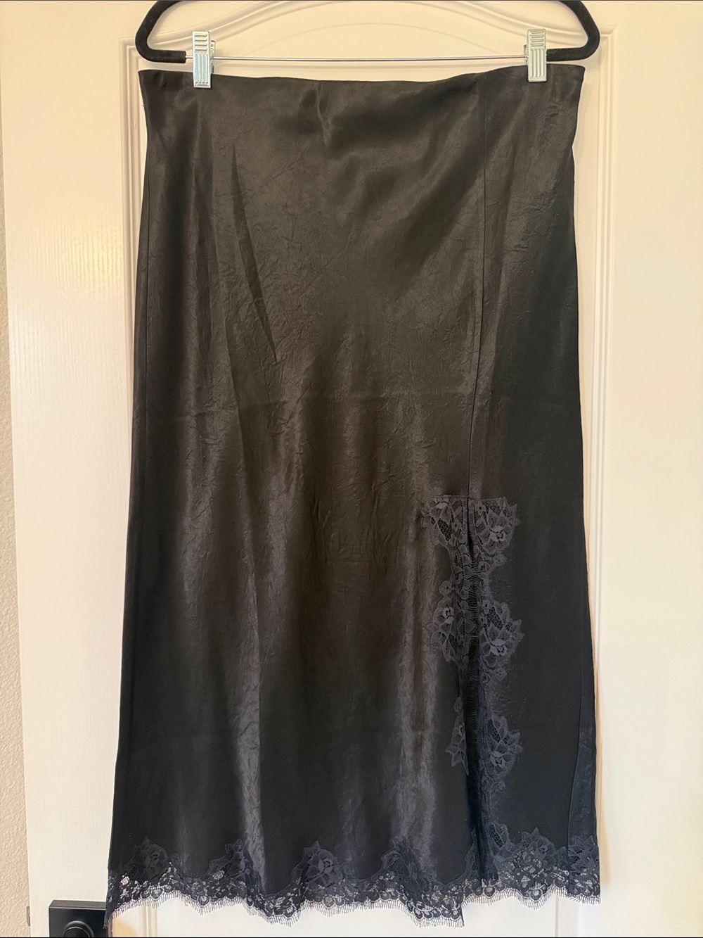 J Crew Gwyneth Black Lace-Trim Satin Midi Skirt